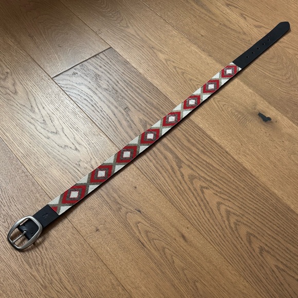 Frye Accessories - Frye Geo Pattern Beaded Leather Belt - NWOT - Size S 30” - Brown, Orange & Cream